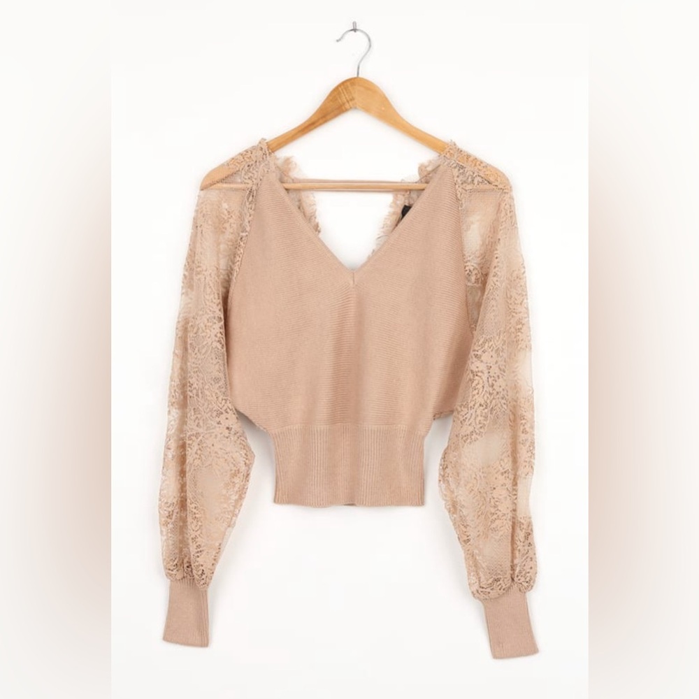 Story to Tell Tan Surplice Back Lace Sweater Top - Picture 4 of 6